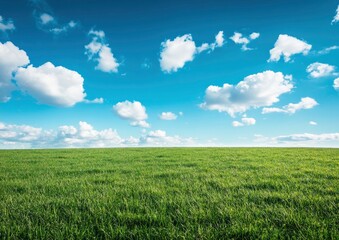 Obraz premium Green Grass Field and Blue Sky with Clouds on a Sunny Day
