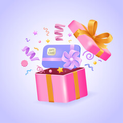 Open gift box with flying confetti and gift card. Birthday surprise, voucher, and certificate for special holiday. Festive present with ribbon and bow. Promotional sale banner. 3d vector illustration.