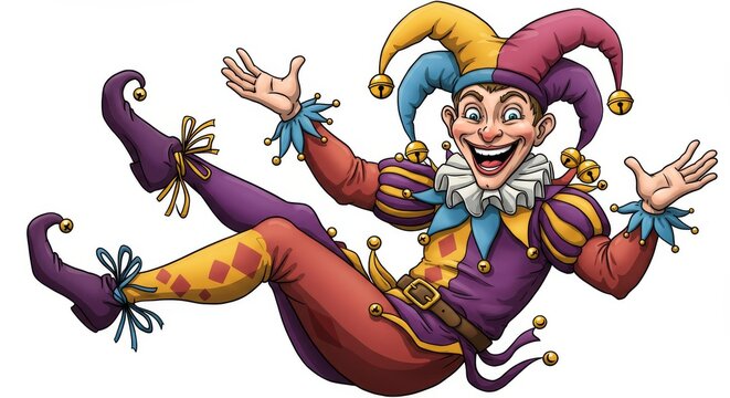 April Fool's Day Jester Illustration - A joyful jester, symbolizing fun, laughter, pranks, mischief, and April Fool's Day. Isolated on white