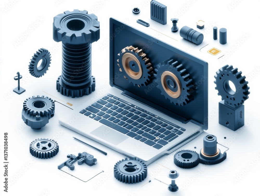 Fototapete engineering design visualization: cad software and mechanical components on a laptop for innovation 