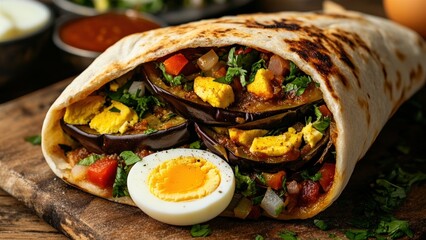 Delicious and Colorful Eggplant Wrap with Fresh Vegetables and Egg