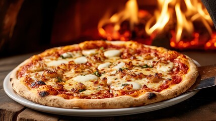 A beautifully cooked classic pizza topped with melted mozzarella cheese, fresh herbs, and a rich tomato sauce, capturing the essence of traditional Italian cuisine.