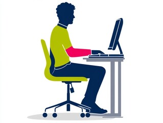 Silhouette of a person working on a computer, seated in an ergonomic chair at a desk in a bright, modern office environment, promoting workplace well-being.