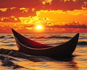 Fototapeta premium Stunning Sunset Ocean Scene with Wooden Boat