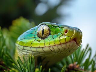 Green Snake Close-up Forest