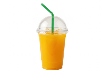 A plastic cup with a dome lid and straw filled with bright orange juice isolated on transparent background