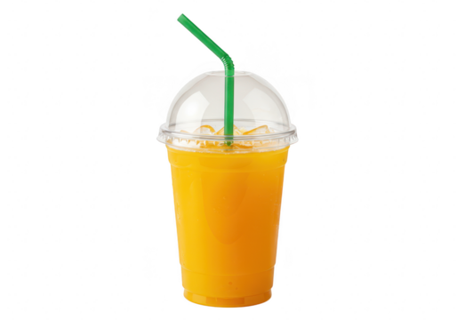 A plastic cup with a dome lid and straw filled with bright orange juice isolated on transparent background
