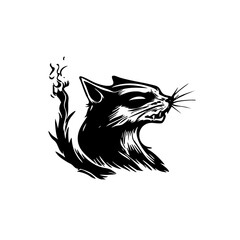Aggressive Black Cat Head Tattoo Style – Angry Cat Vector Illustration with Fiery Tail for Logos and Art Designs