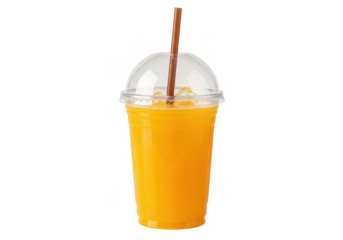A plastic cup with a dome lid and straw filled with bright orange juice isolated on transparent background