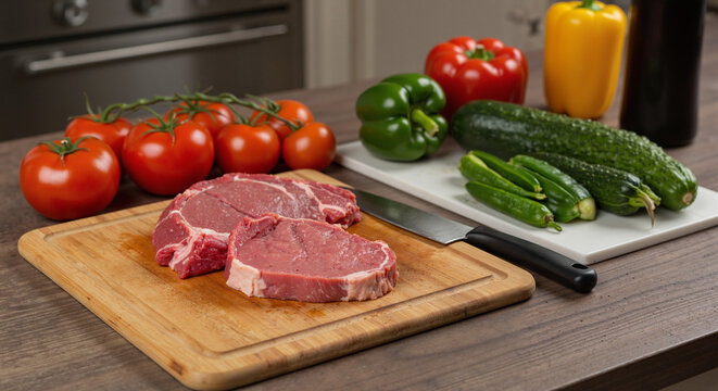 Kitchen counter with separate cutting boards for raw meat and vegetables, ensuring food safety and preventing cross-contamination, captured from a slightly high angle with warm natural lighting