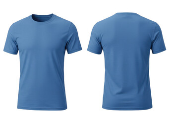 A blue short sleeve unisex t-shirt displayed front and back views isolated on transparent background