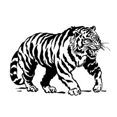 Walking Tiger Silhouette – Vintage Wild Animal Line Art for Logo, Tattoo, and Design Projects