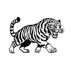 Walking Tiger Silhouette – Vintage Wild Animal Line Art for Logo, Tattoo, and Design Projects