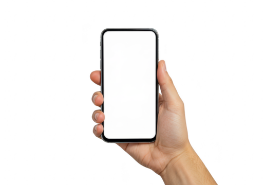 A human hand holding a modern smartphone vertically isolated on transparent background