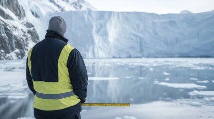Scientist Measuring Shrinking Glacier in Cold Morning Light