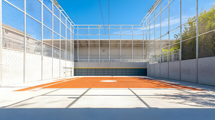 Outdoor Sports Court With Red Surface And White Fencing