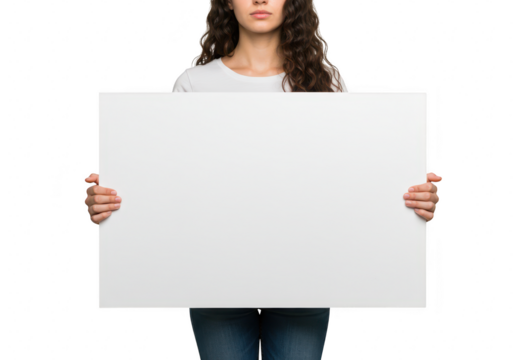A woman holding a blank horizontal white poster board with both hands isolated on transparent background