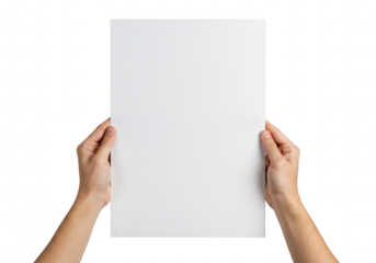 Two hands holding a blank vertical white sheet isolated on transparent background