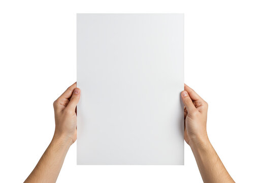 Two hands holding a blank vertical white sheet isolated on transparent background