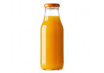 A glass bottle filled with orange juice and sealed with an orange cap isolated on transparent background