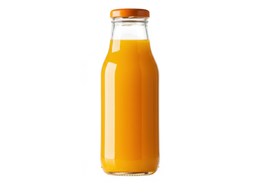 A glass bottle filled with orange juice and sealed with an orange cap isolated on transparent background