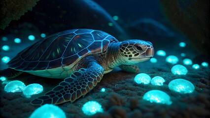 Fototapeta premium lifelike sea turtle glides gracefully over glowing bioluminescent orbs on ocean floor, creating serene and magical underwater scene