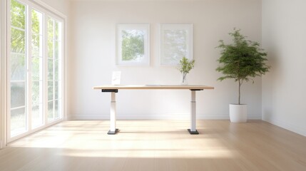 Modern, bright home office with adjustable standing desk