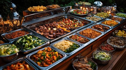 Obraz premium Buffet table filled with a variety of diverse and colorful hot and cold foods outdoor party setting