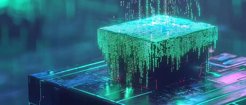 Abstract futuristic cube with binary code raining down, digital technology concept