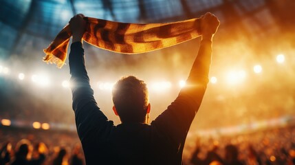 A passionate fan raises a scarf in excitement within a stadium, capturing the energy and enthusiasm of sports culture and community in this electrifying moment.