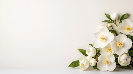 Fototapeta premium A charming arrangement of pristine white flowers artfully placed on a simple base, evoking feelings of serenity and elegance for any decorative or inspirational setting.