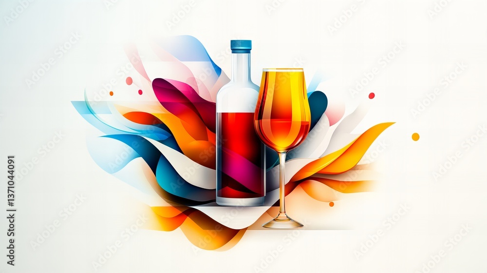 Poster wine bottle and glass are displayed with colorful abstract swirls on a white surface.
