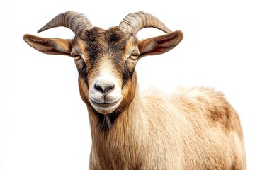 Close-up Portrait of a Goat with Brown Fur on White Background