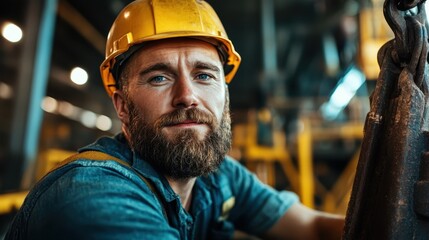 A cheerful young man with a helmet and a beard poses in a factory setting, radiating positivity and showcasing a friendly work environment that promotes teamwork and collaboration.