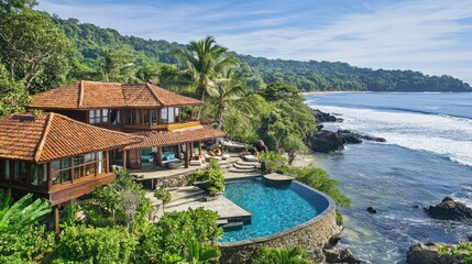 A luxury beachfront villa with open-air living spaces and a direct ocean view.