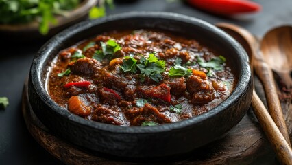 Savory Spicy Beef Stew Garnished with Fresh Coriander