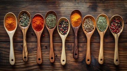 Spice-filled wooden spoons arranged on a dark wood surface. A vibrant, aromatic display of culinary flavor