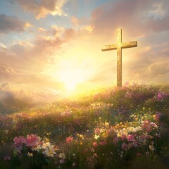 Sunrise Cross on Flower-Covered Hill