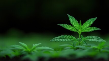 A close-up view of a vibrant green cannabis plant showcasing its delicate leaves and intricate details against a dark background.