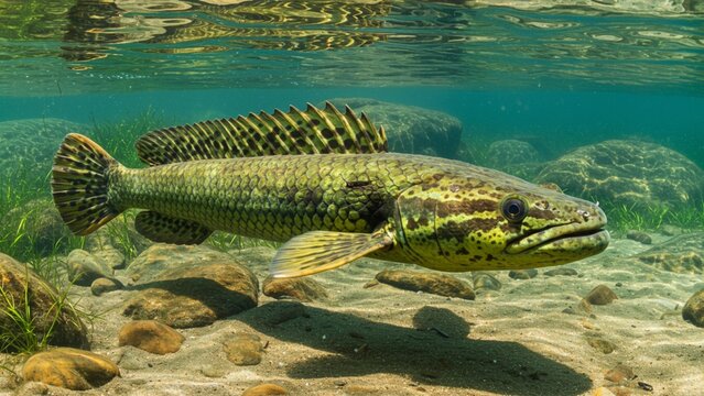 A high-quality image of a Bichir fish, a fascinating freshwater species known for its elongated body, armored scales, and ability to breathe air