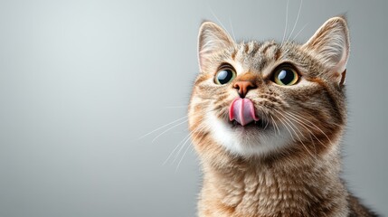 Obraz premium A cute tabby cat sticks out its tongue, showcasing a playful demeanor. The clean background highlights the cat's features, emphasizing its curious expression.