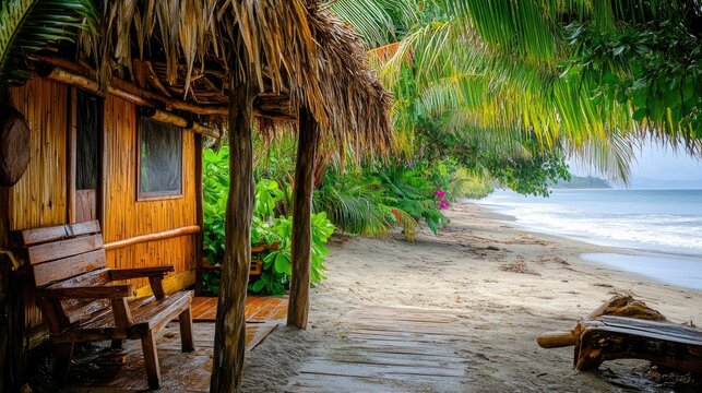 A rustic beachside hut with thatched roofing, nestled among tropical palm trees.