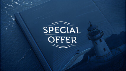 Nautical Themed Special Offer on Blue Book with Lighthouse Illustration

