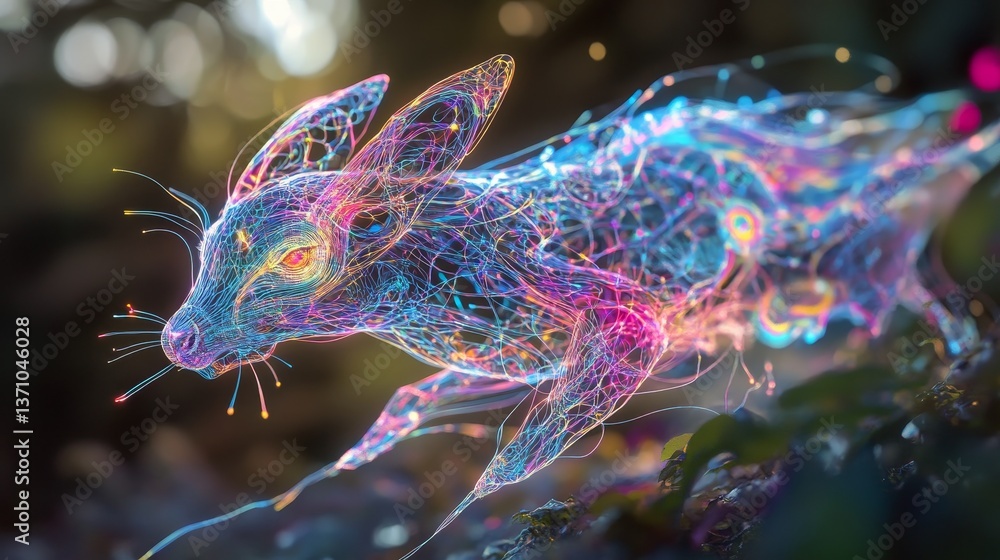 Poster wireframe rabbit running with vibrant glowing colors.