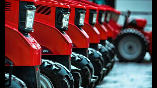 A line of red tractors parked side by side, ready for use.