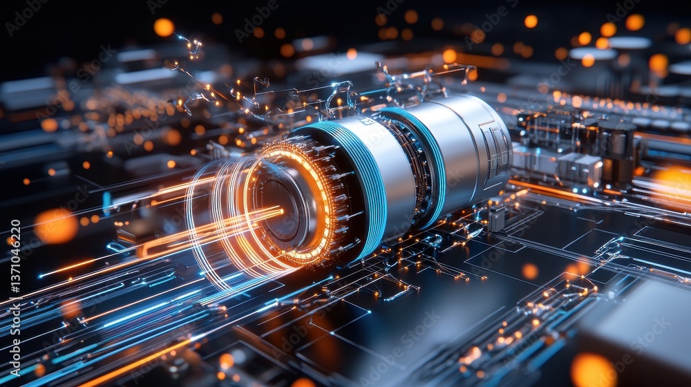 Poster a futuristic technological component showcasing glowing circuitry and advanced industrial design in 