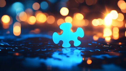 Illuminated Blue Puzzle Piece in Night Scene