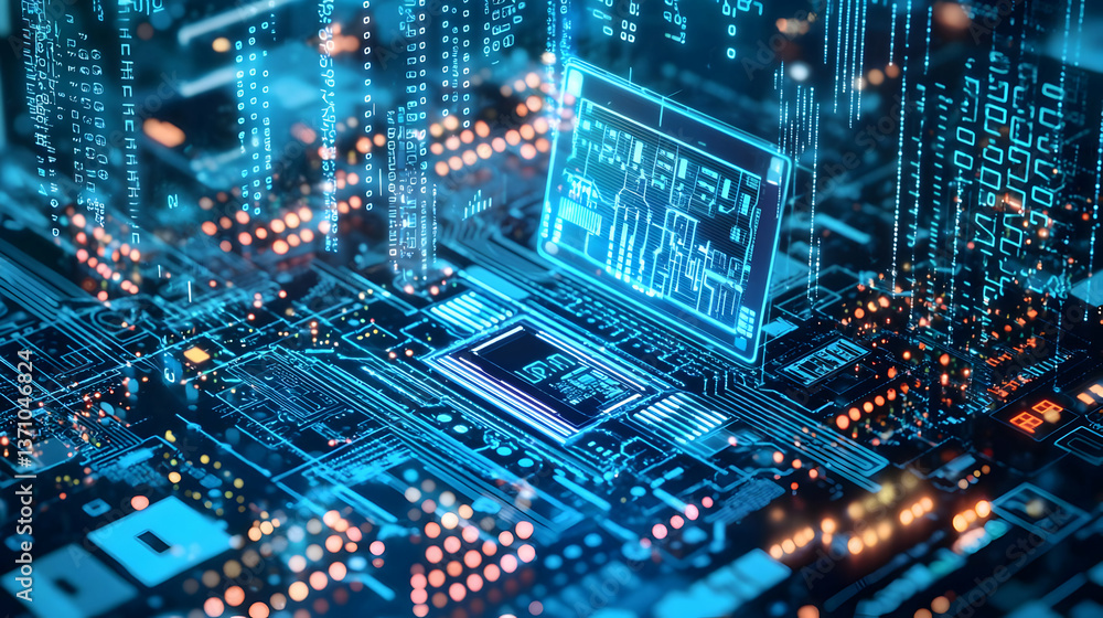 Aufkleber high-tech circuit board with glowing digital data