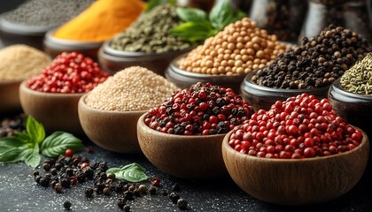 Variety of spices and grains displayed in wooden bowls on dark surface