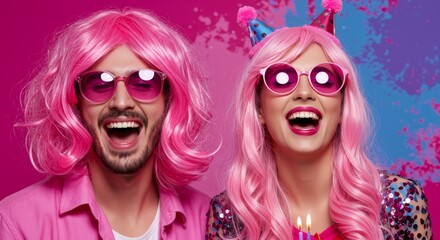 Obraz premium Pink Wig Birthday Party Fun - Two joyful individuals in pink wigs celebrate a birthday, symbolizing friendship, fun, silliness, glamour, and celebration